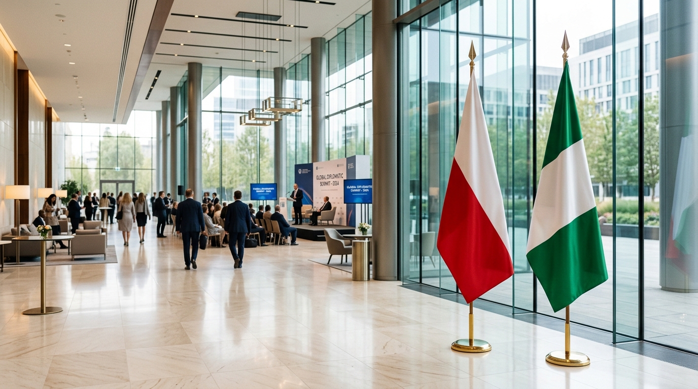 Standing national flags of Poland and Nigeria at the bilateral economic forum